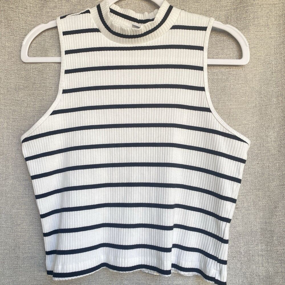 Old Navy Tank Top Womens XL White Black Striped Ribbed Mock Neck Sleeveless